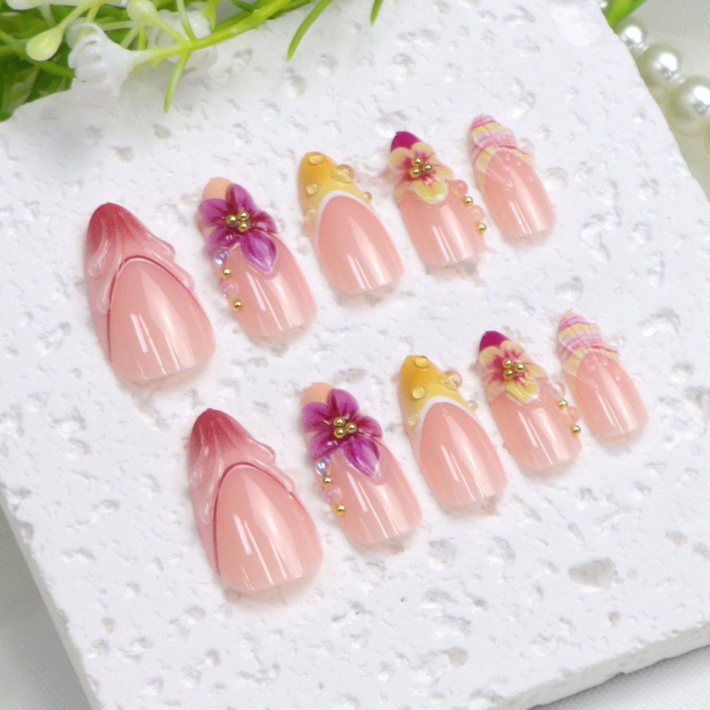 French Tip Press on Nails Medium Fake Nails with 3D Water Droplets Pearl Flowers Lines Designs Almond Nails Press ons Pink Full Cover Reusable Stick on Nails for Women 24Pcs