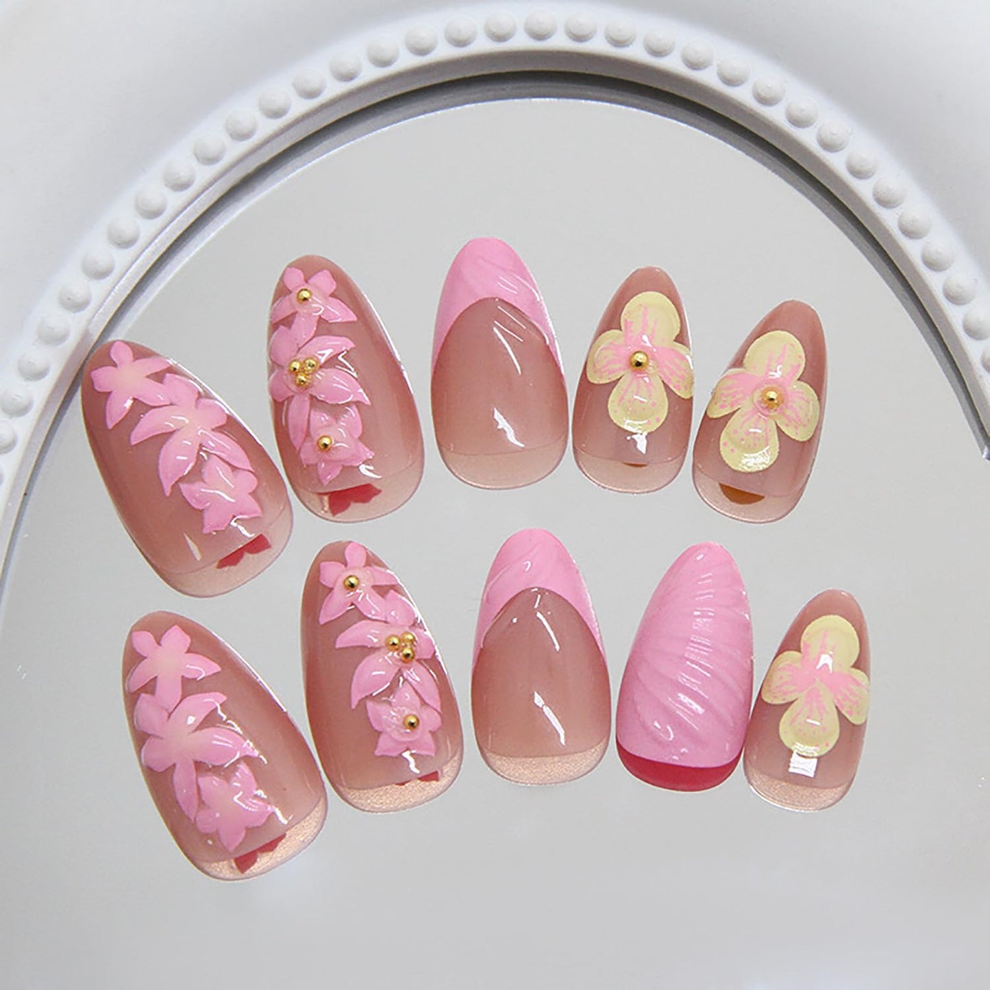 24Pcs Pink Yellow Almond Press on Nails Medium Fake Nails French Tip False Nails with Flower & Rhinestone Design Acrylic Nails Press ons Spring Summer Flower Nail Art Cute Stick on Nails for Women