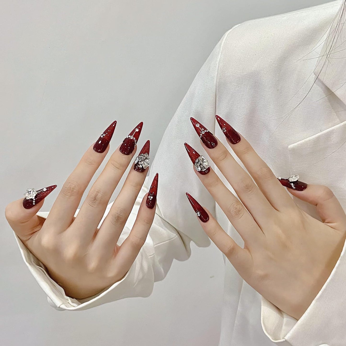 JIEADJIE Press On Nails (100% Handmade),Length Version,Handmade Painted Nail Art by Nail Technician,Luxury Party and Holiday Styles (Red Diamond, Small)
