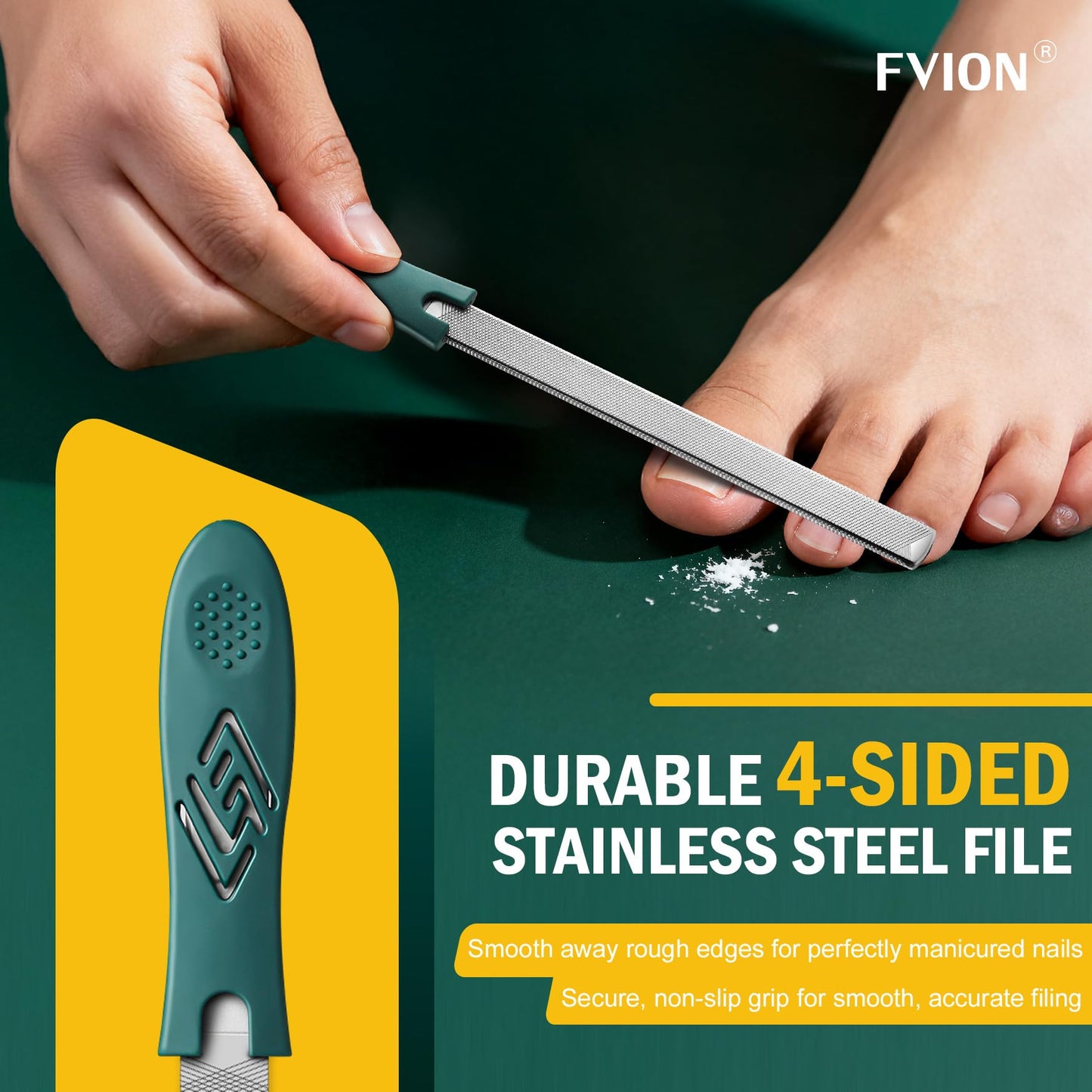 FVION Toenail File for Thick Nails and Toenail Lifter, 2pcs Stainless Steel Nail File and Ingrown Relief Set, Heavy Duty Metal Emery Board for Seniors, Men & Women Pedicure Tool (Green)