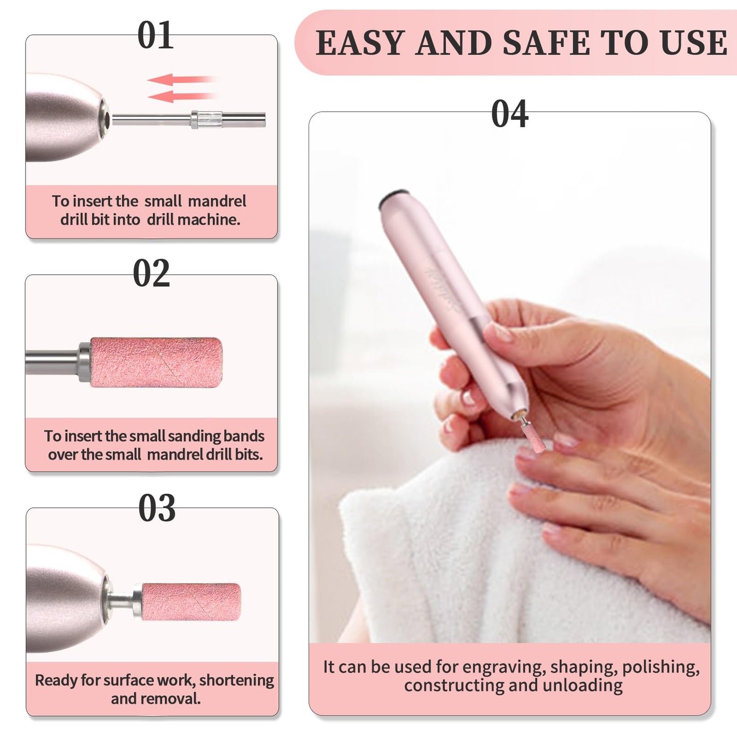 BLESWIN 500pcs Small Sanding Bands with Upgraded 3mm Mandrel Bit, 240 Grit for Acrylic Nail, Gel Nail Removing, Professional Nail Sanding Belt for Manicure and Pedicure, Pink