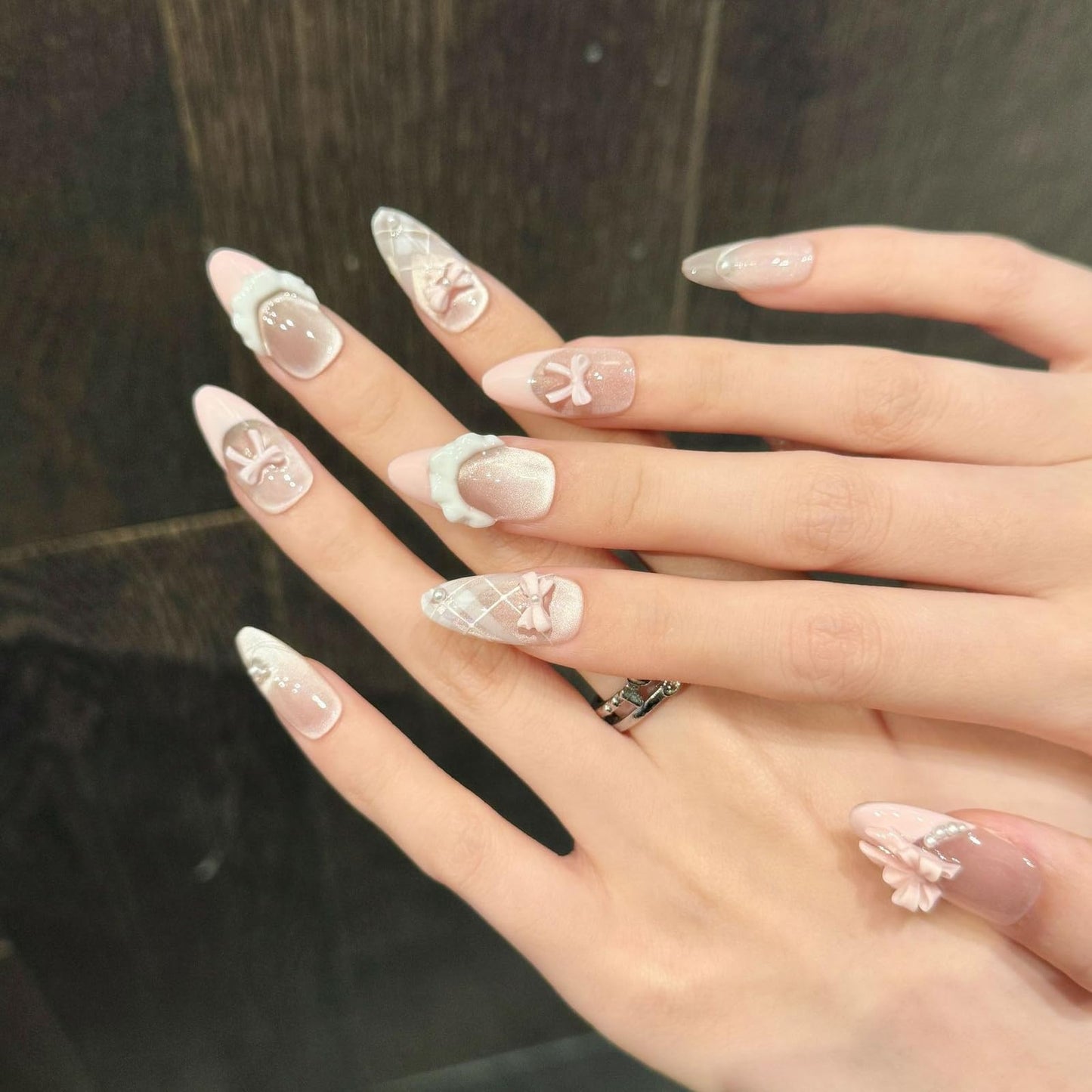 10Pcs Pink Almond Press on Nails Handmade Fake Nails Cute French Tip False Nail with 3D Bow Design Handmade Acrylic Nails Press ons Glitter Full Cover Nail Medium Reusable Stick on Nails for Women (S)