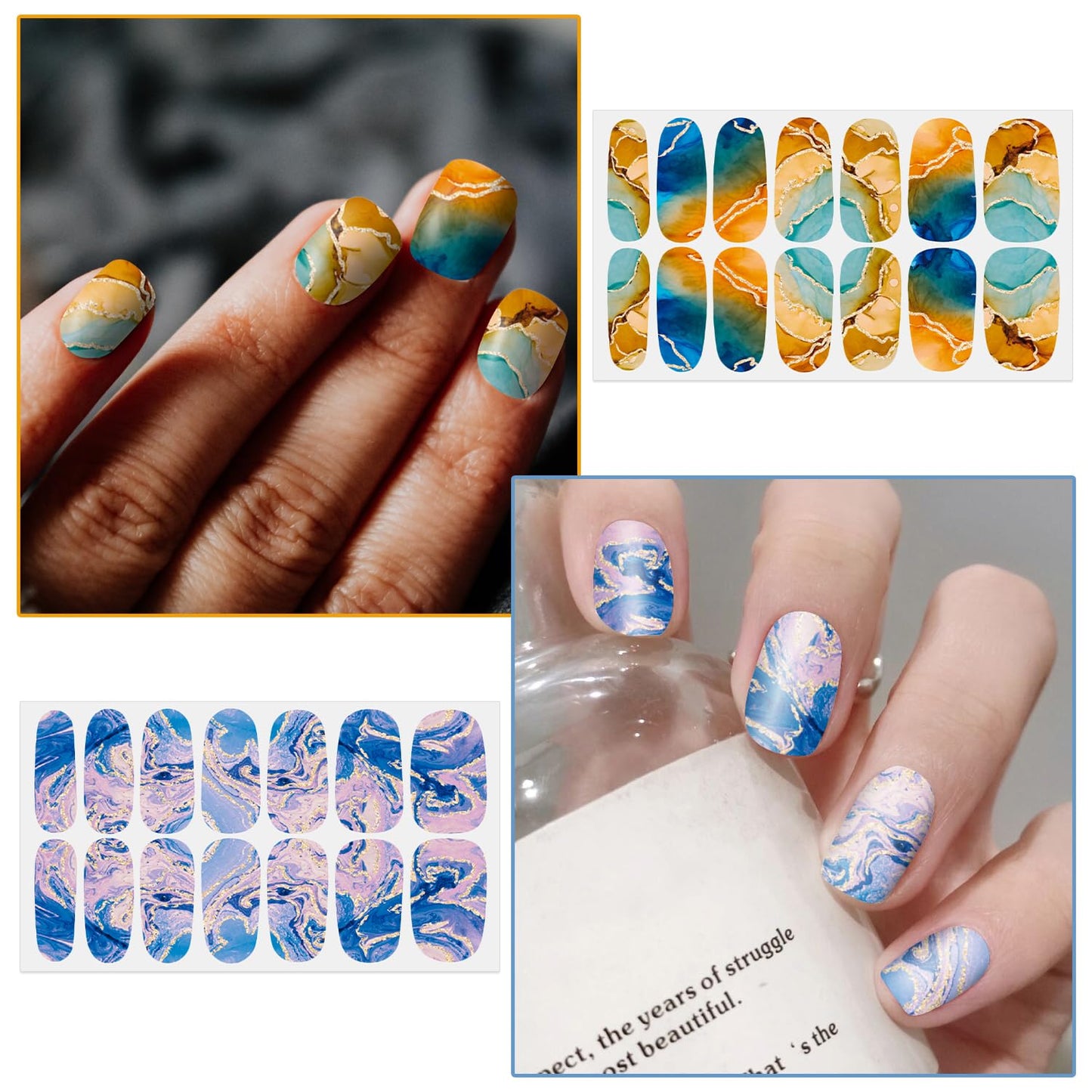 WOKOTO 20 Sheets 280 Pieces Marble Design Gradient Gel Nail Polish Strips, Full Wraps Stick On Press On Nails for Women Gradient Nail Art Gel Stickers Wraps, Easy Application, Salon Quality