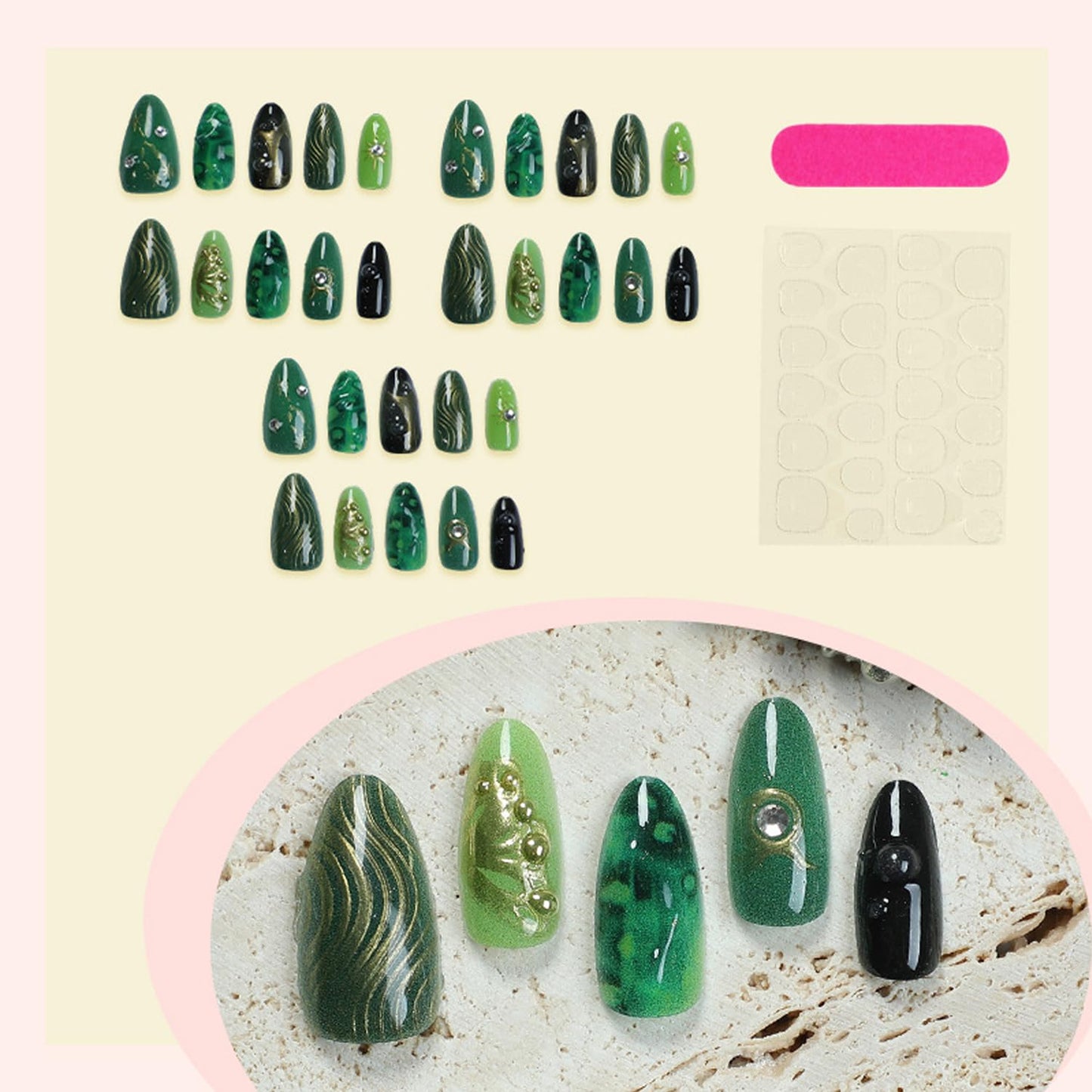 30Pcs Green Press On Nails Medium Almond Fake Nails with Gold Butterfly Star Rhinestone Design Marble Green Stick on Nails Handmade Full Cover Acrylic Nails for Women Daily Wear Manicure