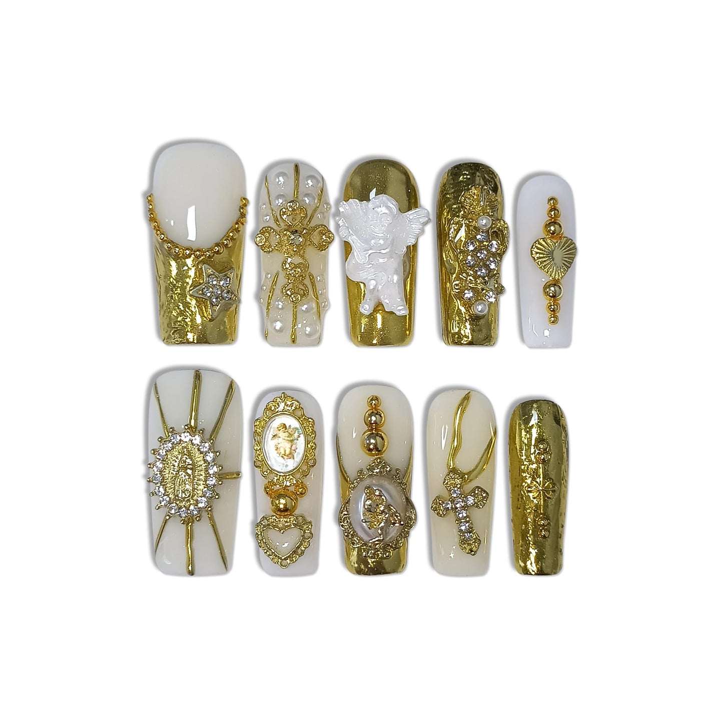 TENPAL Baroque Press on Nails Long Coffin 3D Embossed Pearl Cross Charm Luxury False Nails for Women Gold Glam Royal Cathedral Style Glue on Nails for Parties Holiday Events(M)