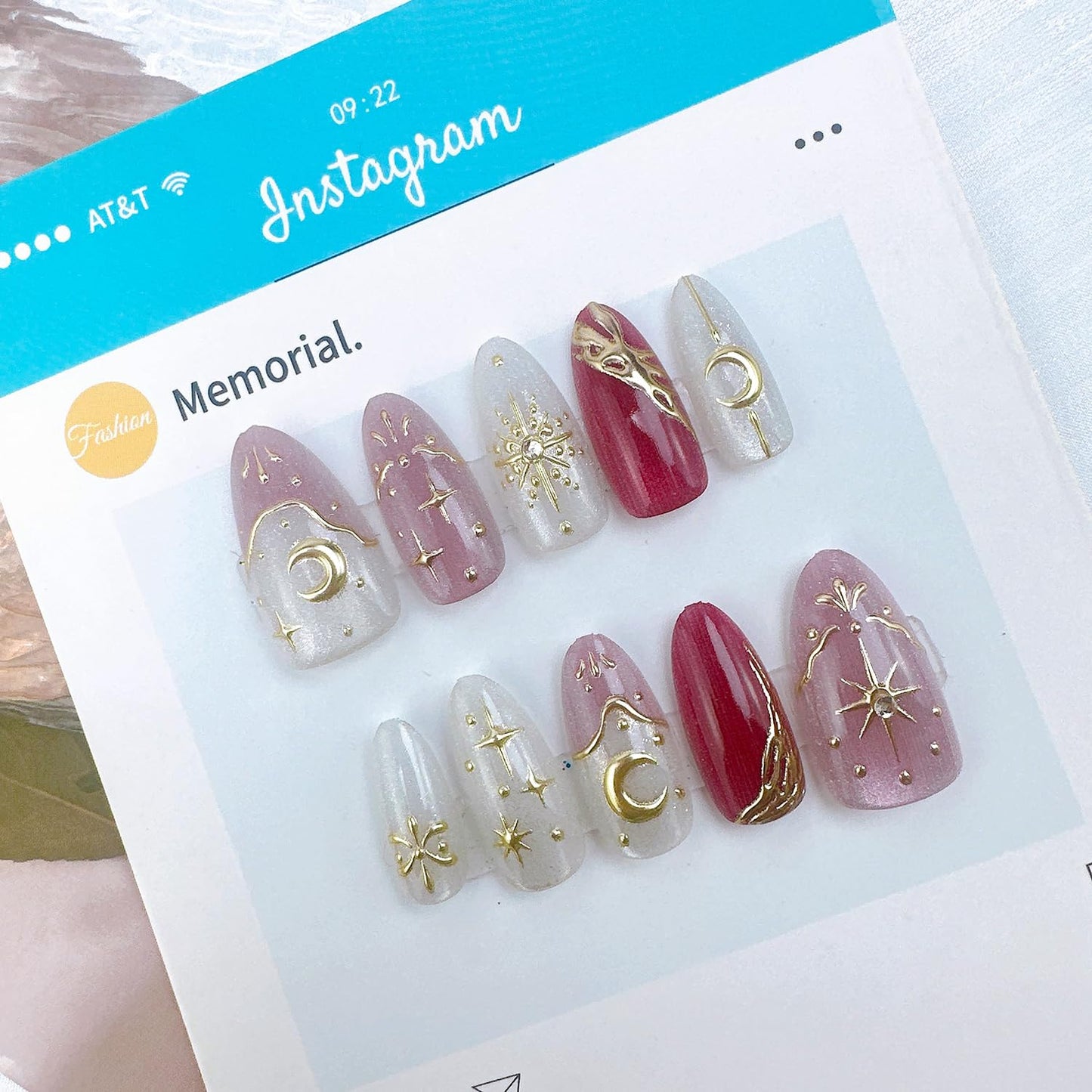 30Pcs Almond Press on Nails Medium Length Pink French Tip Fake Nails with Bohemia Designs Gold Stars Moon False Nails Glitter Pink Acrylic Nail Star Full Cover Glue on Nails for Women Nail Decorations