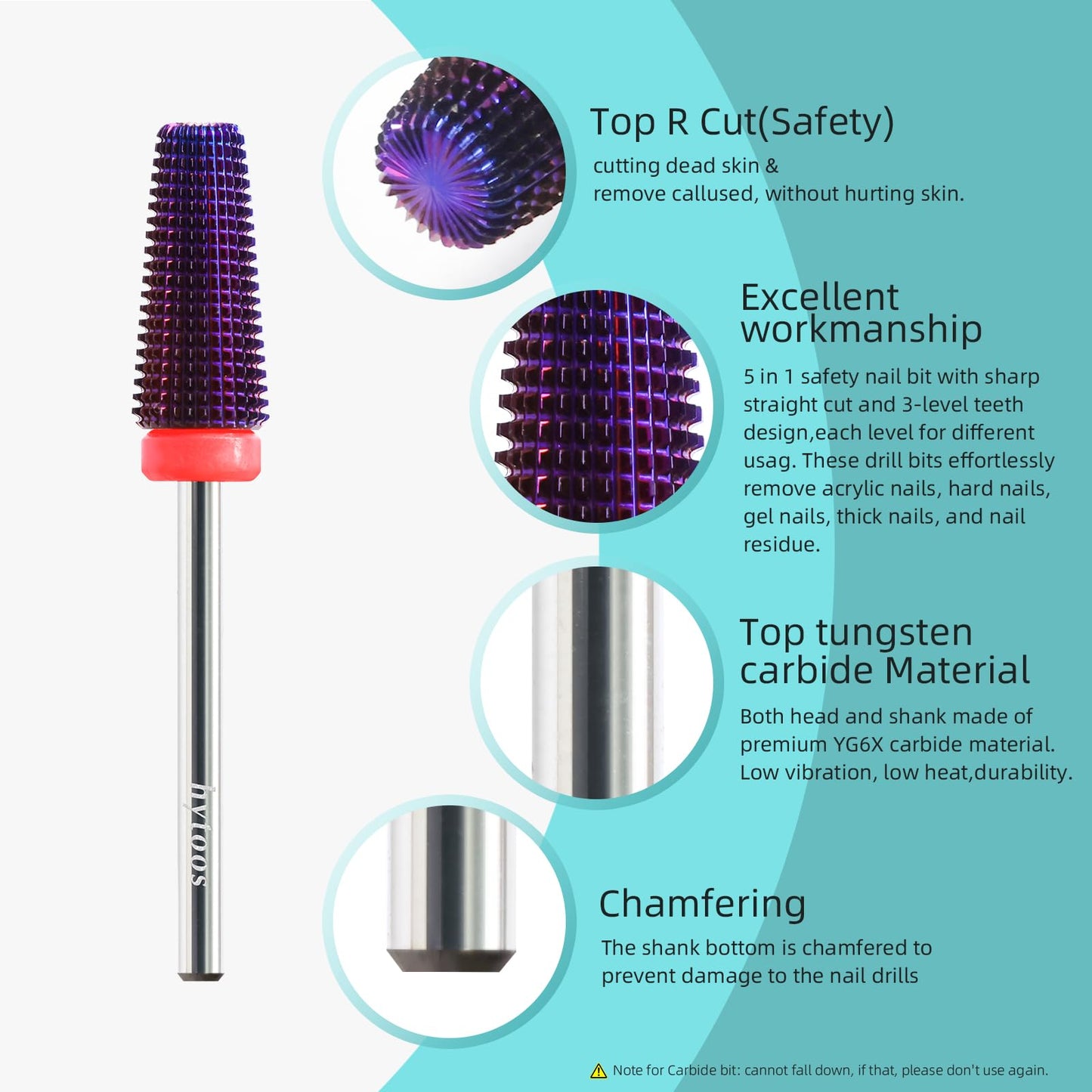 HYTOOS Purple 5 in 1 Nail Drill Bit, 15mm Tapered Drill Bits for Nails, 3/32" Professional Straight Cut Two-way Carbide Nail Bits, Electric Manicure Gel Polish Acrylic Powder Removal Tool, Fine