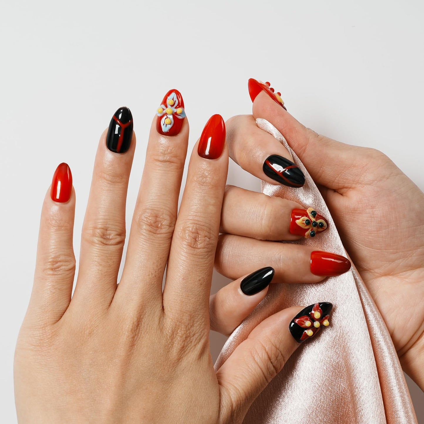 Tesytto Press on Nails 3D Floral, 10Pcs Handmade Short Almond Fake Nails Red & Black, 3D Carved Flowers Design Reusable Stick on Nail Tips for Women, Salon Quality (Crimson Flame Shadow,M)