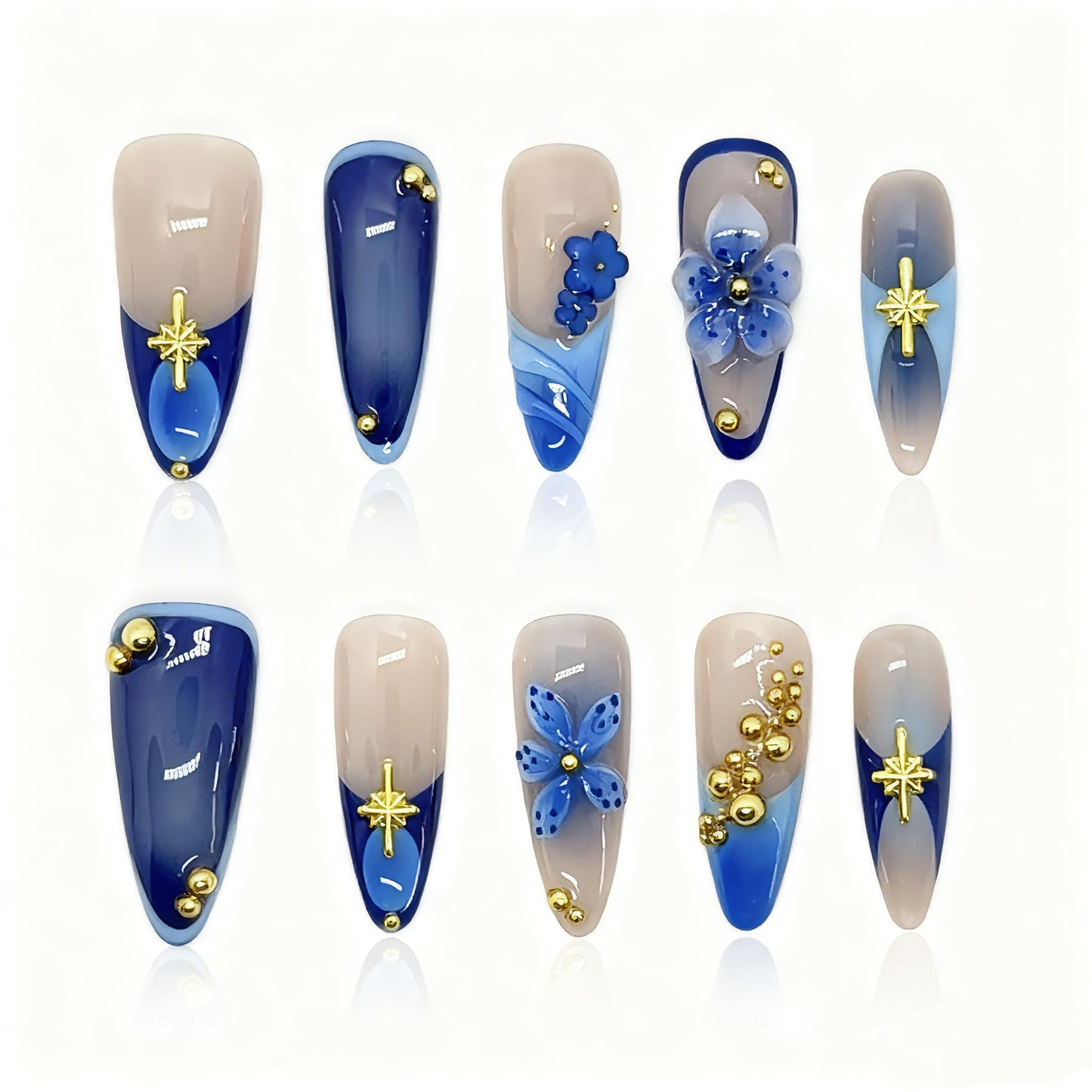 Reusable Press On Nails for Women & Girls - Short Almond Shape, Green Gradient with 3D Hand-Sculpted Florals, Holiday Party Manicure (F-Dark Blue Long, S)