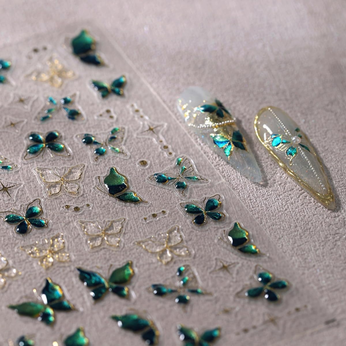Butterfly Nail Stickers 5D Embossed Gold Green Butterfly Nail Art Sticker Self Adhesive Nail Decals Summer Nail Art for Women Manicure Supplies Nails Art Decorations