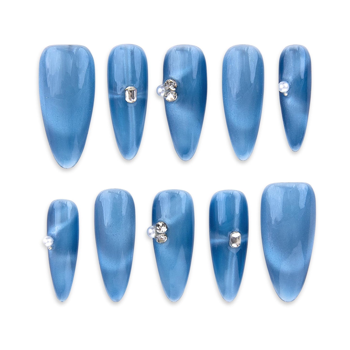 SIYOU Beauty | Pearl Of The Sea | Light Blue Pearl Long Almond Press On Nails for Women (Large) - Reusable, Salon-Quality Fake Nails (10pc)
