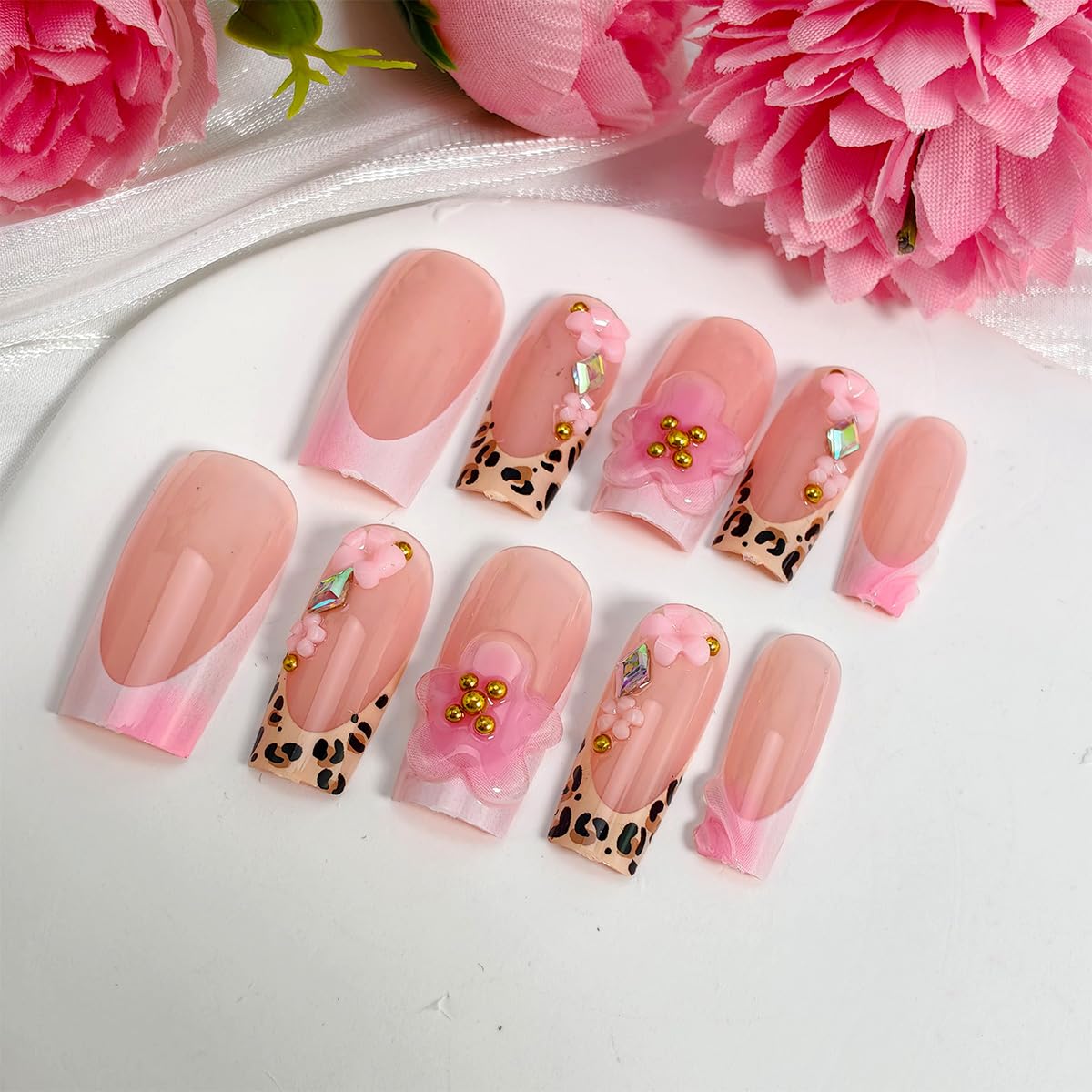 24Pcs 3D French Tip Press on Nails Long Square Flower Fake Nails with Rhinestones Design Pink False Nails Leopard Coffin Tip Stick on Nail Spring Summer Acrylic Nail Floral Glue on Nails for Women