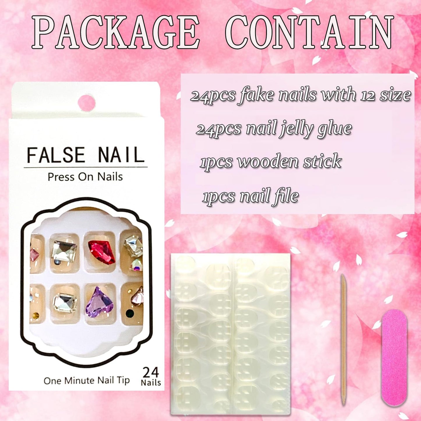 Vezocim Press on Nails Square Short Pink 24Pcs Press on Nails with Heart Rhinestone Gems Designs Glossy Full Cover Acrylic Short Coffin False Nails Glue Fingernails Artificial Fake Nails for Women