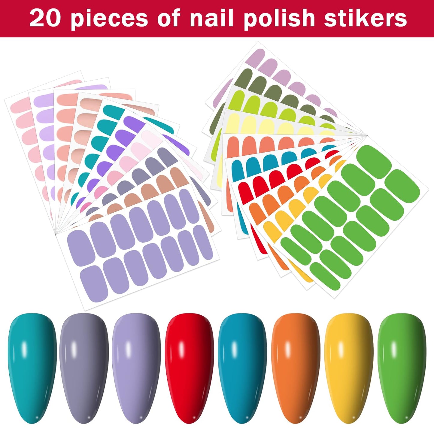 YECIRALA 20 Sheets 280 Pcs Candy Color Nail Polish Stickers Full Nail Wraps for Women, Cute Solid Gel Nail Strips Stick On Nails Polish Wraps for Nails Designs Fingernail Stickers Gel Polish Stickers