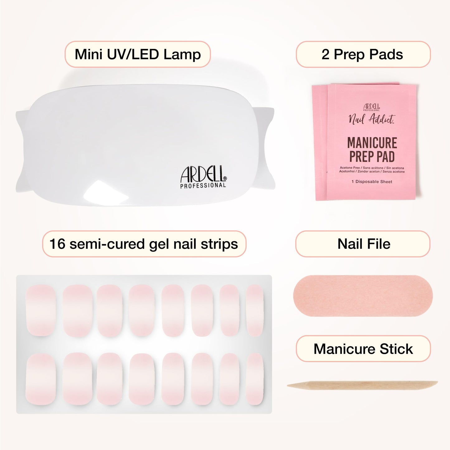 Ardell Nail Addict Gel Nail Starter Kit with Led Uv Light - First Kiss, Semi-Cured Gel Nails Strips, File & Prep Pad for Easy At-Home Diy Manicure, Pack of 1