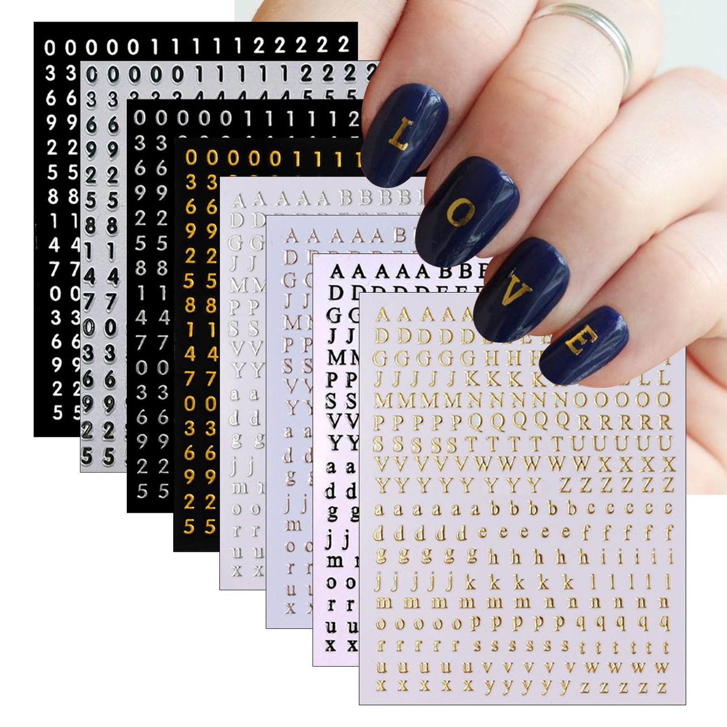 8 Sheets Holographic Digital Letter Nail Art Stickers 3D Self-Adhesive Black and White Letter Nail Stickers Gold and Silver English Characters Design Nail Supplies Women DIY Nail Art Decoration