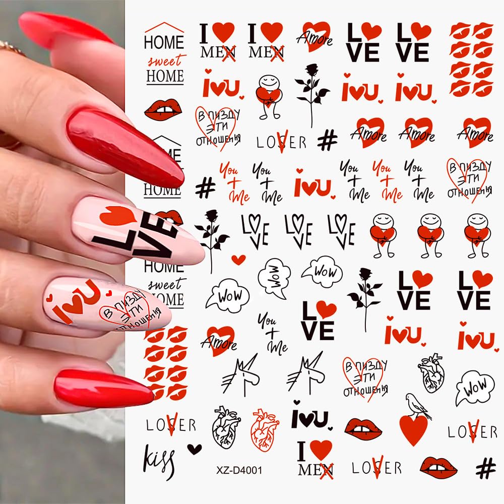 6 Sheets Valentine's Day Nail Stickers for Nail Art, 3D Self-Adhesive Rose Heart Nail Decals, Kiss Flower Love u Nail Supplies Nail Art Design Accessories for Women and Girls Manicure DIY Decoration