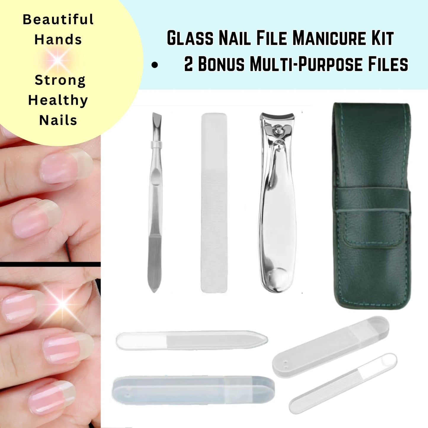 All-in-One Glass Nail File Kit with Case – Compact Vegan Leather Manicure Set with Tweezers, Clippers, Buffer & Cuticle Pusher + 2 Bonus Glass Nail Files in Cases – Travel Gift for Women & Men