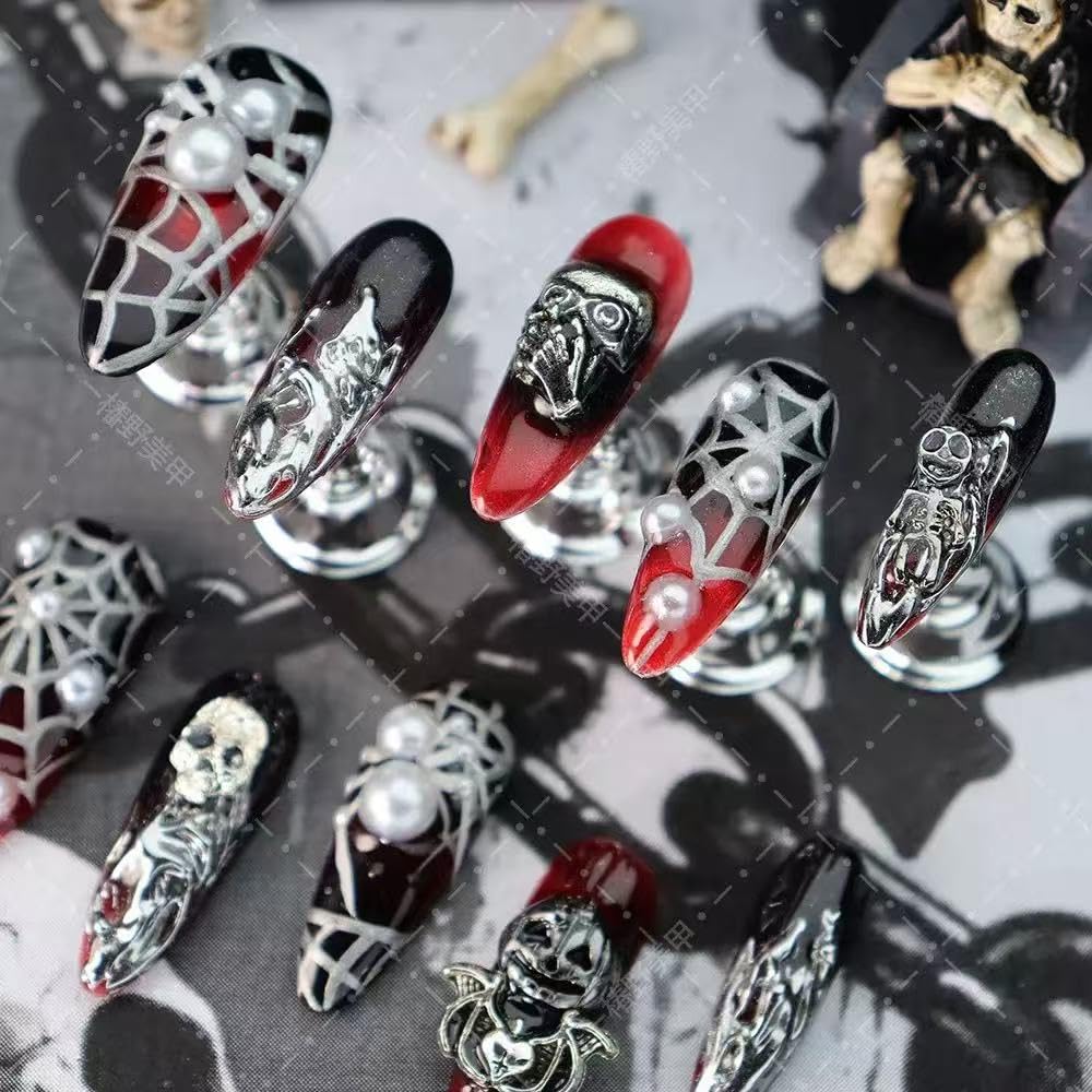 100% Handmade Press on Nails Halloween Fake Nails with Spider Web Skeleton Pumpkin Design Medium Almond Ombre Red Black False Nail Press ons Reusable Handmade Nails for Women Manicure Size L