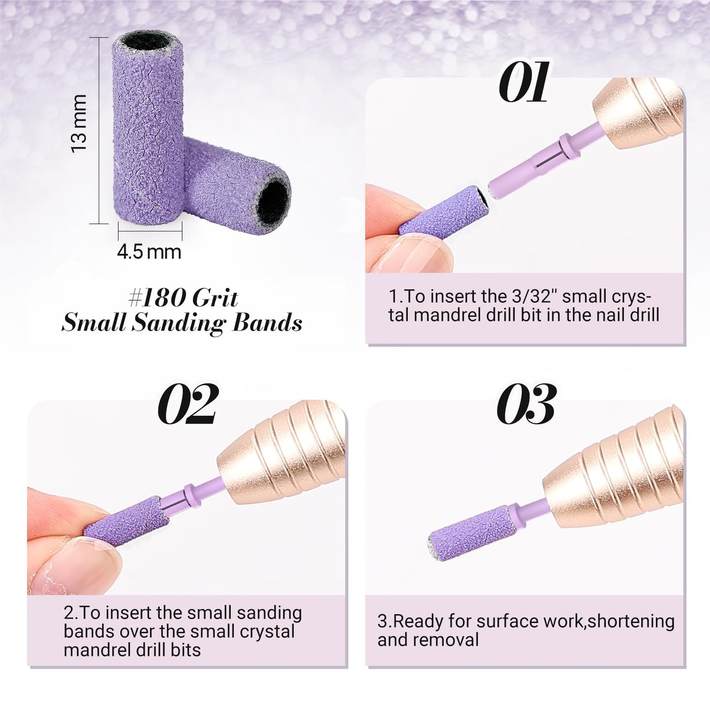 MelodySusie 50 Pcs Nail Drill Bits Small Sanding Bands with 3.1mm Mandrel Bit, 180 Fine Grit Nail File for Acrylic Nails Gel Manicures and Pedicure, Purple