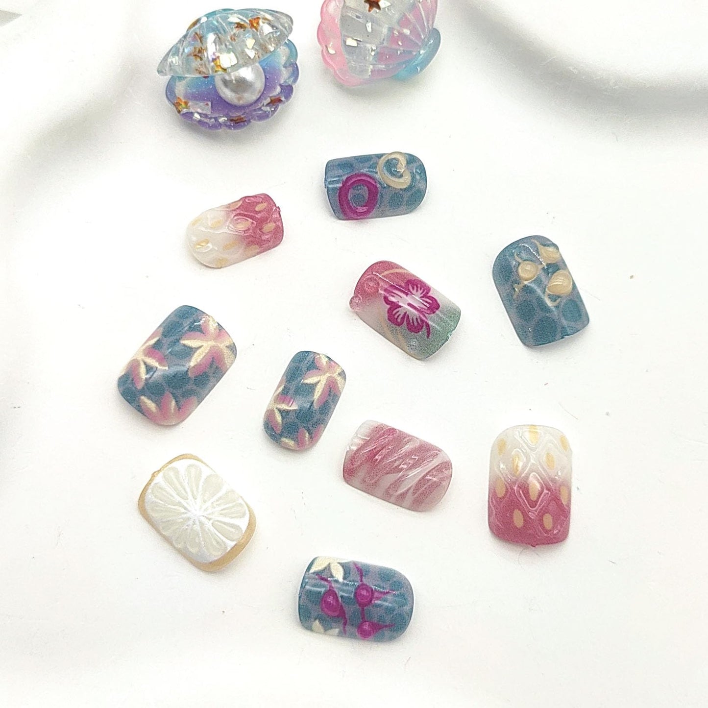 Square Press on Nails Short Fake Nails with 3D Lemon Love Water Drop Flower Designs Nails Press ons Blue Pink Glue on Nails Glossy Acrylic Nails Cute False Nails Summer Stick on Nails for Women 24Pcs