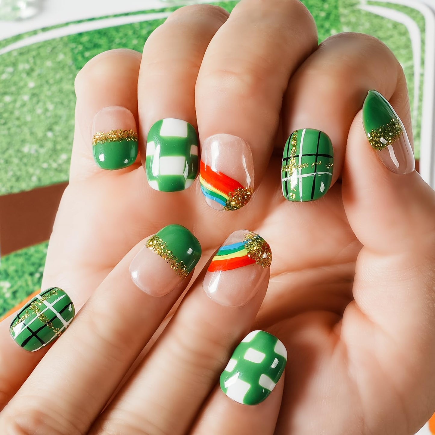 Tesytto Extra Short Press On Nails - Nude Base with Green French Tips & Gold Glitter, Hand-Painted Plaid & Rainbow,Easy to Apply & Remove (Size L)