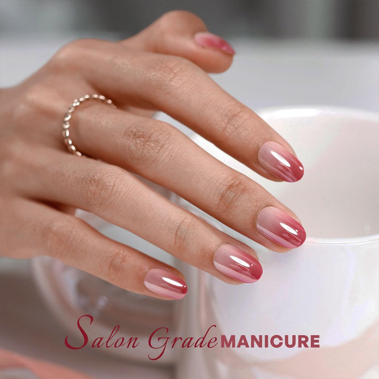 Chrome Press on Nails Oval - GJZEZ Soft Gel Pink to Red Ombre Glazed Donut Fake Nails with Glue Gifts for Women Romantic Glossy Gradient Reusable False Faux Nail | 16 Sizes, 32 pcs, Blush Ombre