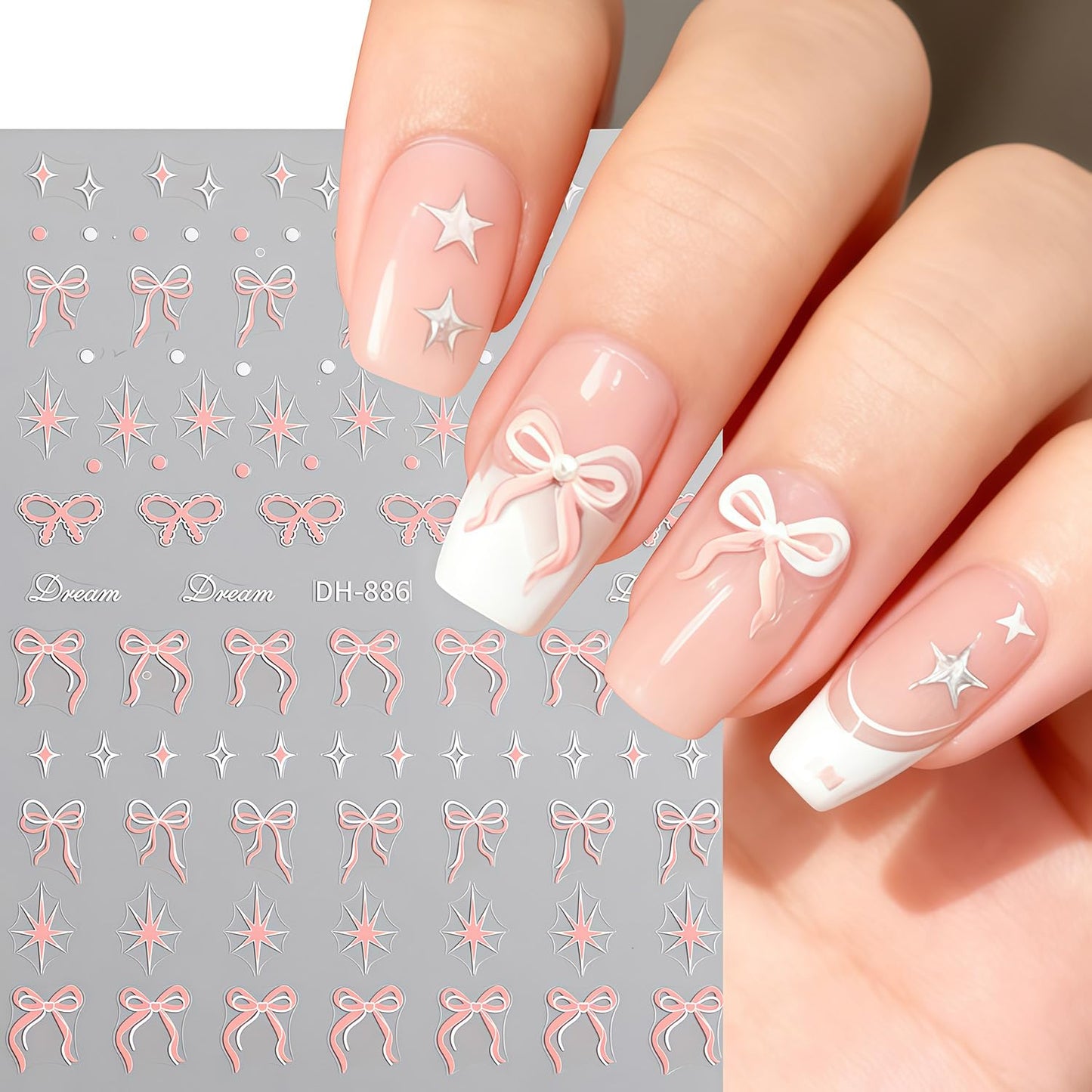 Bow Nail Art Stickers Valentines Nail Decals 3D Self Adhesive Black Blue Pink Bow Starlight Nail Stickers Cute Bows Nails Sticker Decals for Women Holiday Valentines DIY Manicure Decoration 6 Sheets