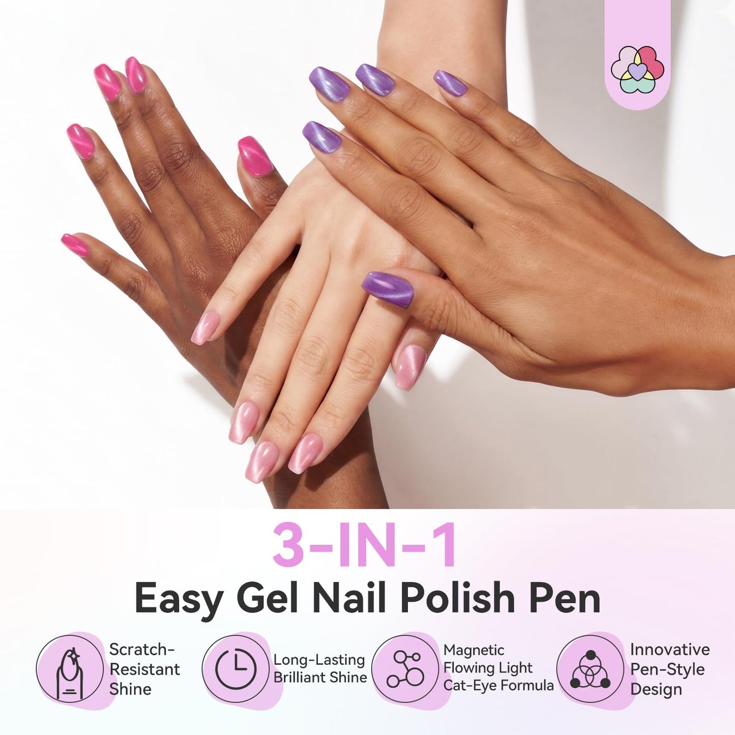 SAVILAND Jelly Cat Eye One Step Nail Polish Pen : Nails Polish Kit Beginner Friendly Easy Twist Dispensing Portable 3 in 1 Nail Art Kit Easy Application Salon Quality Home Use 12 Colors 4ml