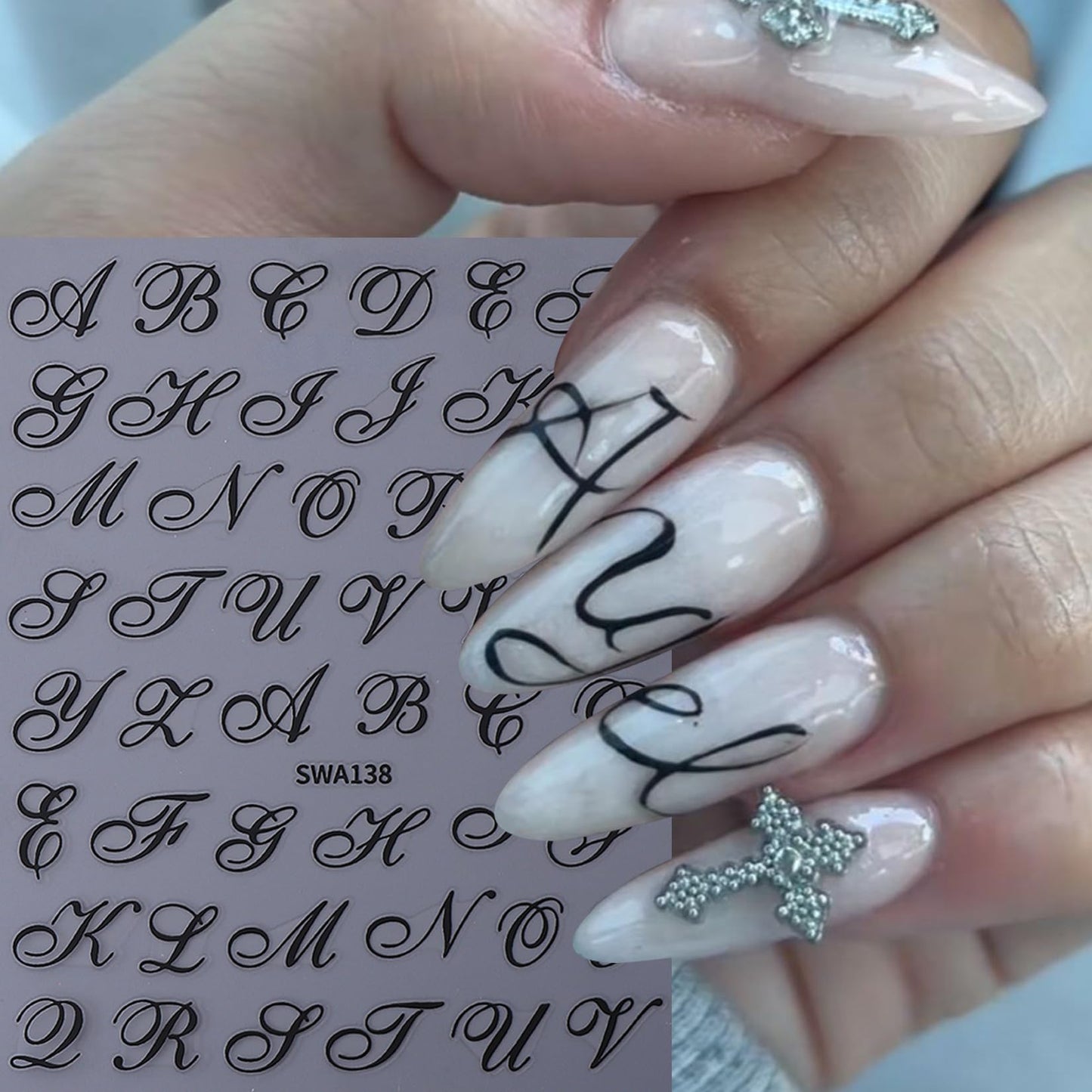 Letters Nail Art Stickers Decals 12 Sheets Alphabet Initial Nail Decals 3D Self-Adhesive White Black Gold Old English Gothic Letter Sticker for Nails Art Women DIY Manicure Decoration Accessories