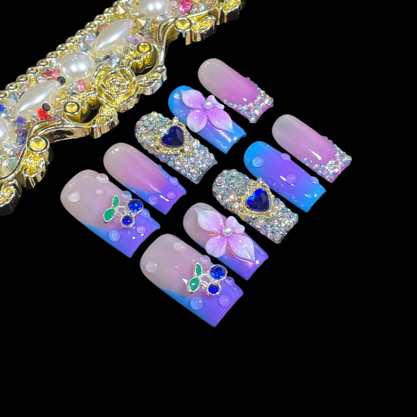 Handmade Press On Nails, Medium Short Square, Pink Blue Ombre with 3D Flowers, Bling Rhinestone Cherry Design, Reusable Acrylic False Nails (Sapphire, M)