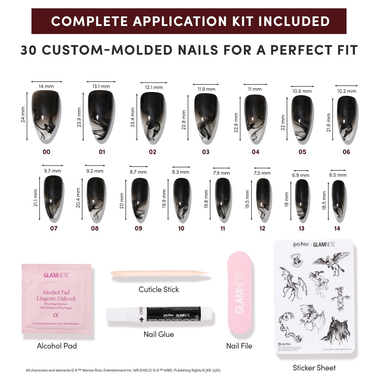 Glamnetic Press On Nails x Harry Potter™ - Dementor™ | Medium Almond Fake Nails with Smoky Black Gradient Tips, Salon Quality, Officially Licensed | 15 Sizes - 30 Nail Kit with Glue
