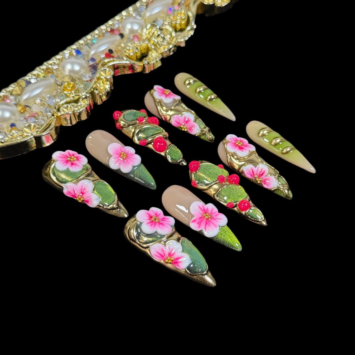 Handmade Luxury Floral Press On Nails, Long Stiletto 3D Pink Petals & Emerald Green Glitter Ombre, Gold Foil Acrylic Reusable False Nails Elven Forest (S)