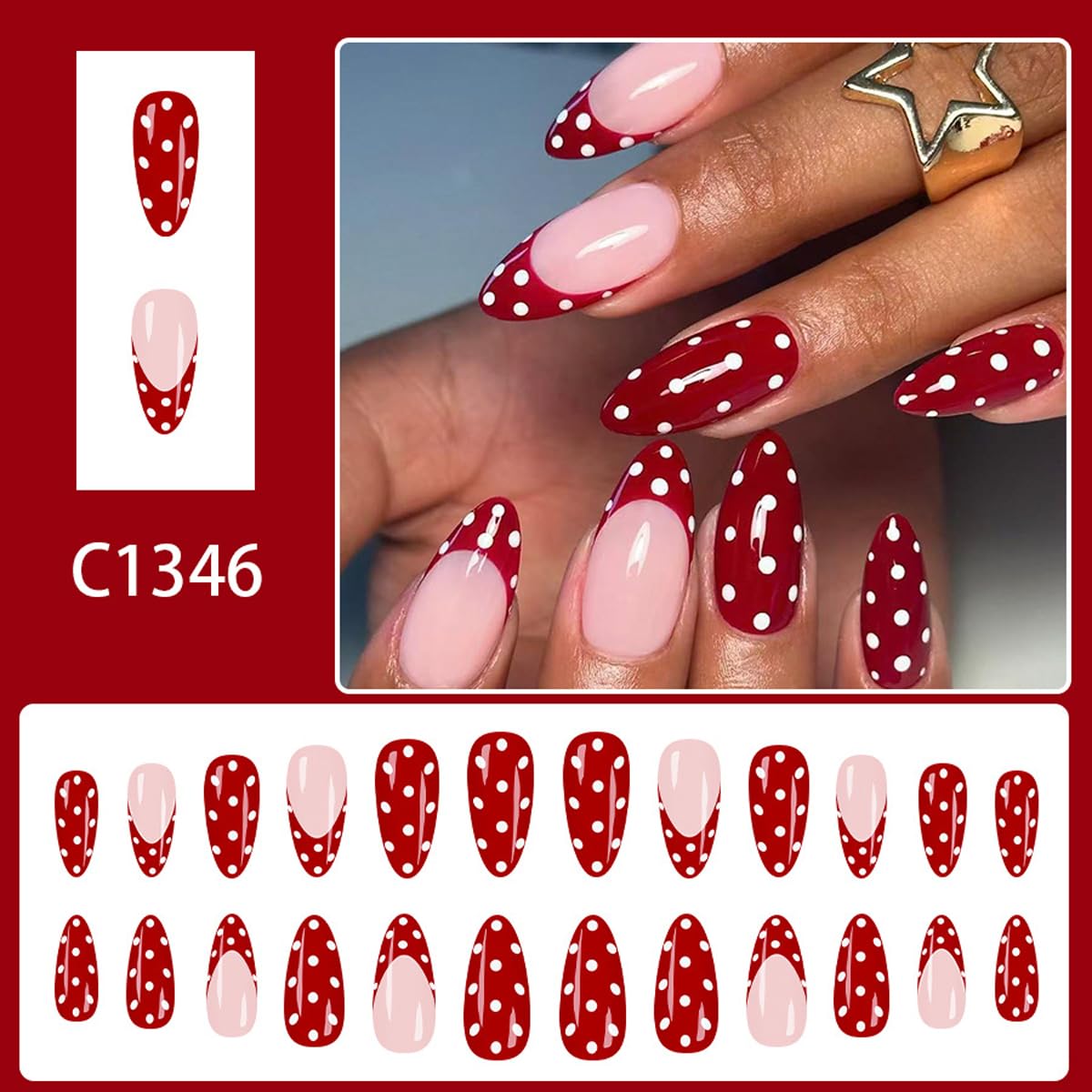 Red French Tip Press on Nails with White Polka Dots - Medium Almond Glossy Fake Nails, Full Cover Holiday Manicure Kit for Valentine‘s Day, 24PCS for Women