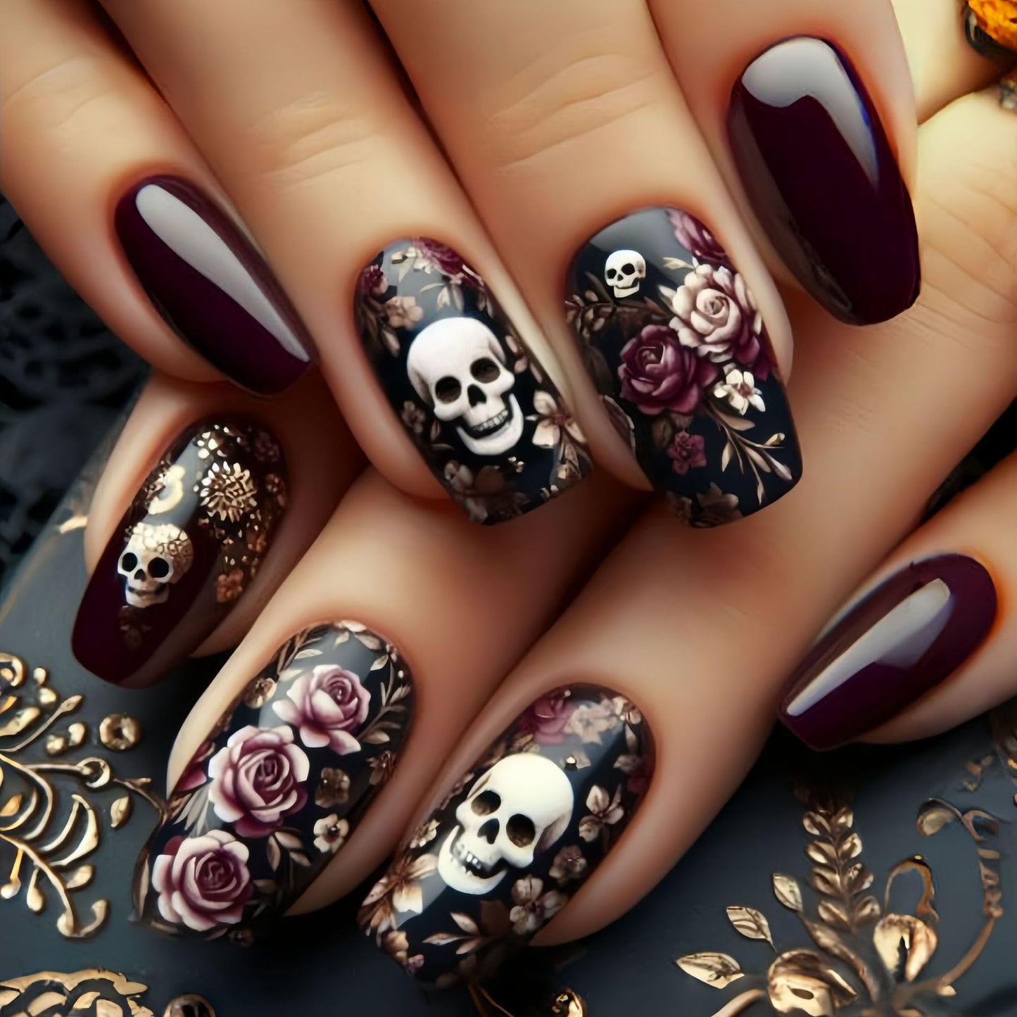24Pcs Halloween Press on Nail Skull Nails Press ons Medium Length Fake Nail Square Flower False Nails Reusable Black Acrylic Stick on Nail Halloween Glue on Nails for Women Girls