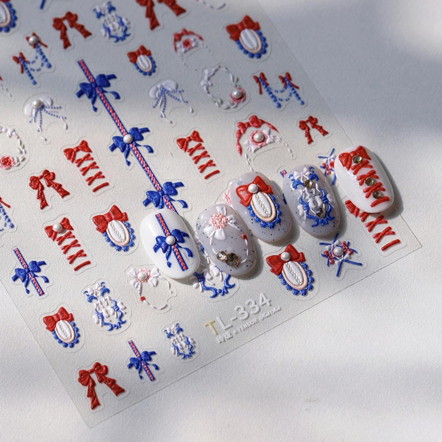 Cartoon Red Blue Bow Nail Stickers with 5D Embossed Pearl Design Irregular Frames Nail Art Stickers 3D Self-Adhesive Spring Nail Decals Summer Nail Manicure Accessories for Women Girls 1 Sheet