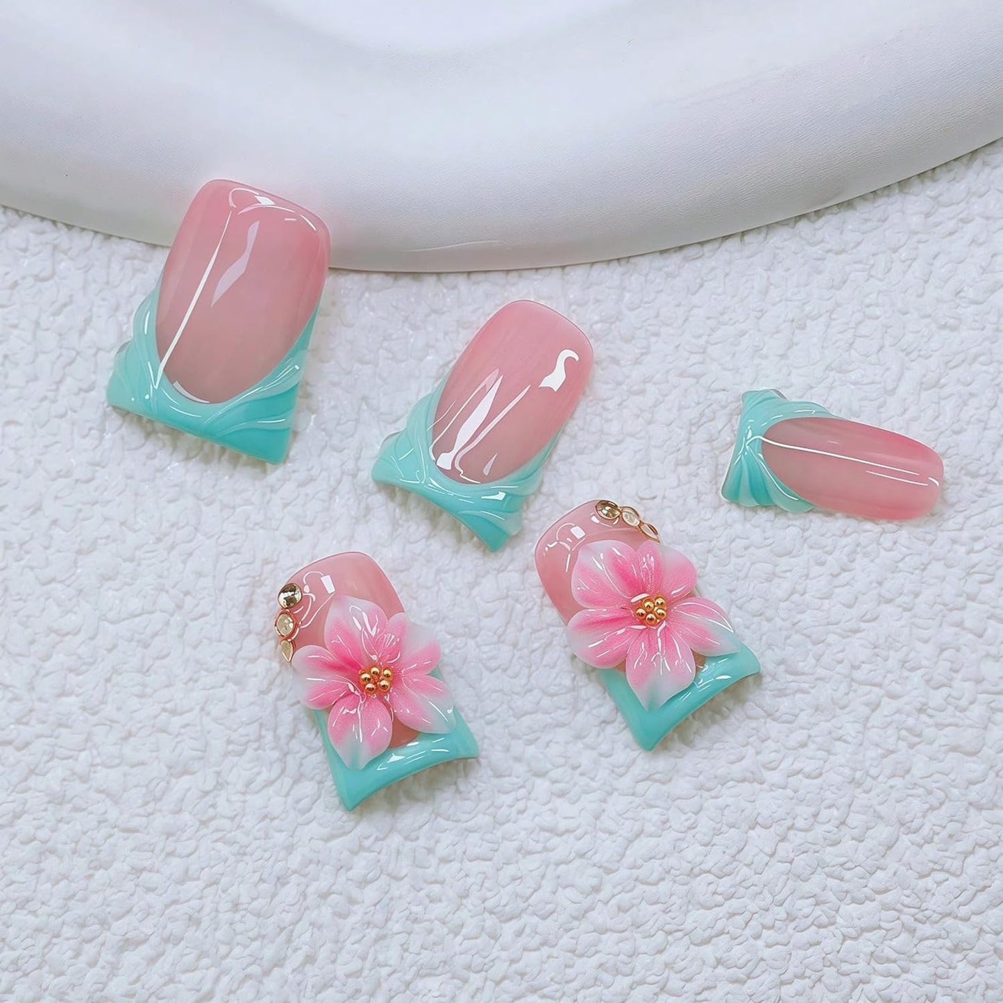 Duck Press on Nails Handmade 3D Pink White Flower Fake Nails Muti-Layer Soft Gel Short Blue French Tip Acrylic Nails Salon Quality Handmade False Nail Press Ons Luxury Stick on Nail for Women (S)