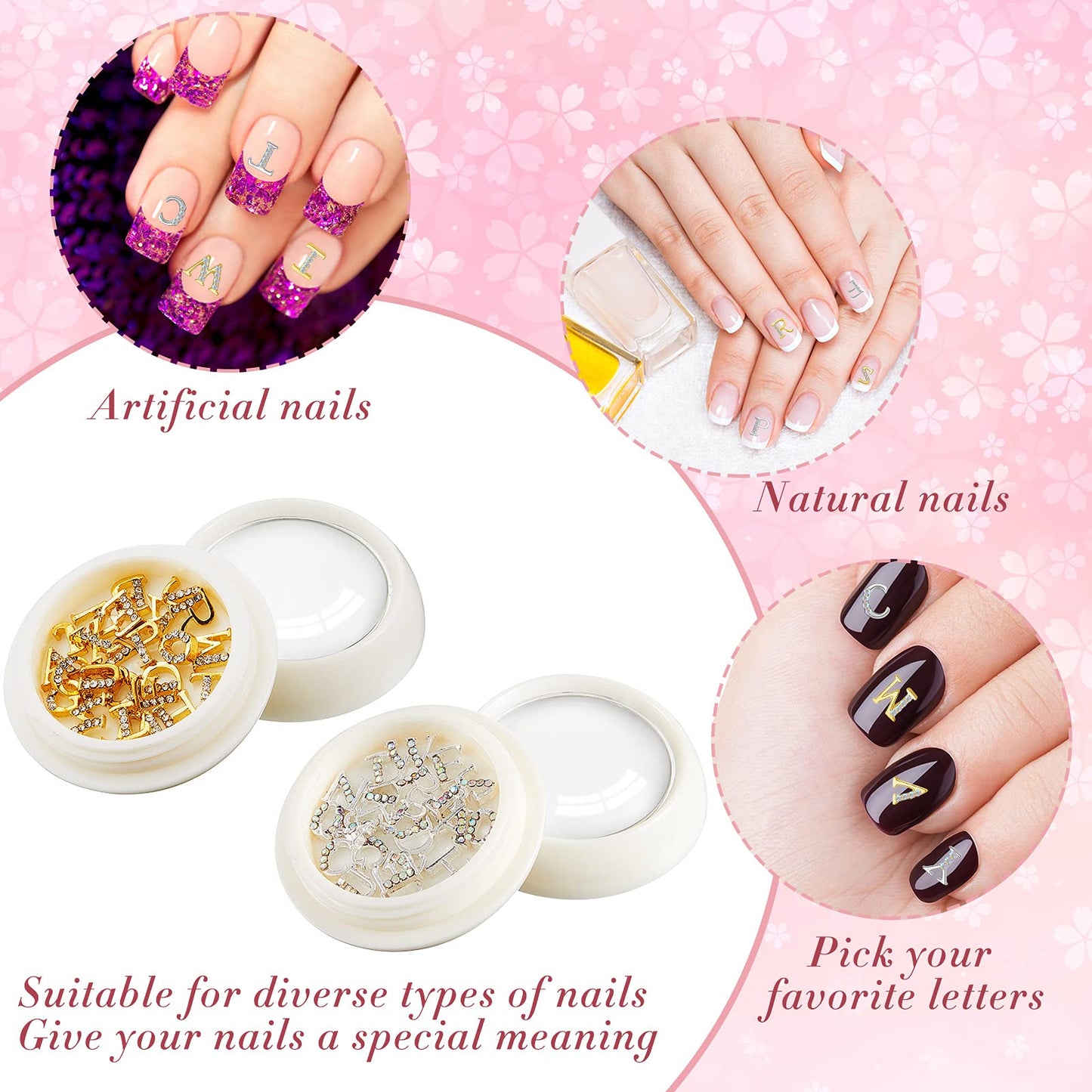 Maitys 104 Pcs Gold Silver Letter Nail Charms 3D Capital Charms Studs Letters and Rhinestone Crystal Nail Decals English Alphabet Fingernail Art Decoration for Women Female DIY Fingernail Art