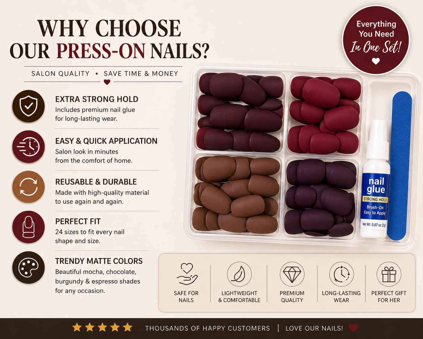 Short Almond Press On Nails – Natural Matte Nude Set, Mocha Brown & Burgundy, Clean Girl Look, Extra Strong Glue, Reusable Fake Nails
