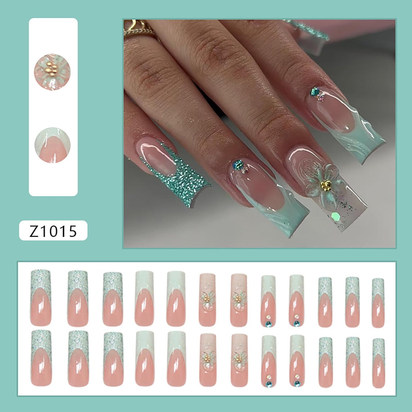 EYZOTSF Press on Nails Long Coffin Shaped Acrylic Square False Nails with Designs Artificial Extra Long Length Coffin Fake Nails with Charms Glue Stick ons Fingernails for Women Girls(Z1015)