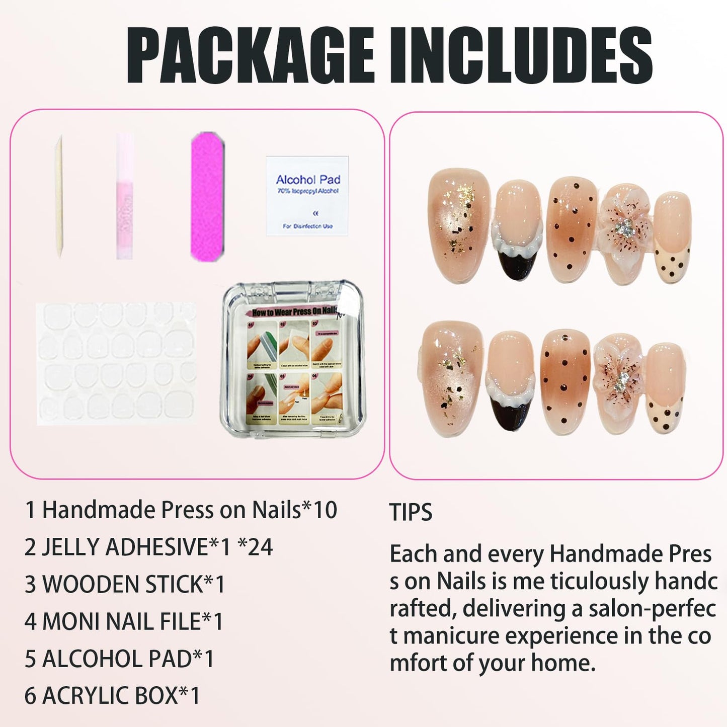Handmade Press On Nails Medium Almond Nude Ppink Polka Dot French Carving Reusable Wedding Prom And Festival Gift Handmade Acrylic Press On Nails Aacrylic Nail (M)