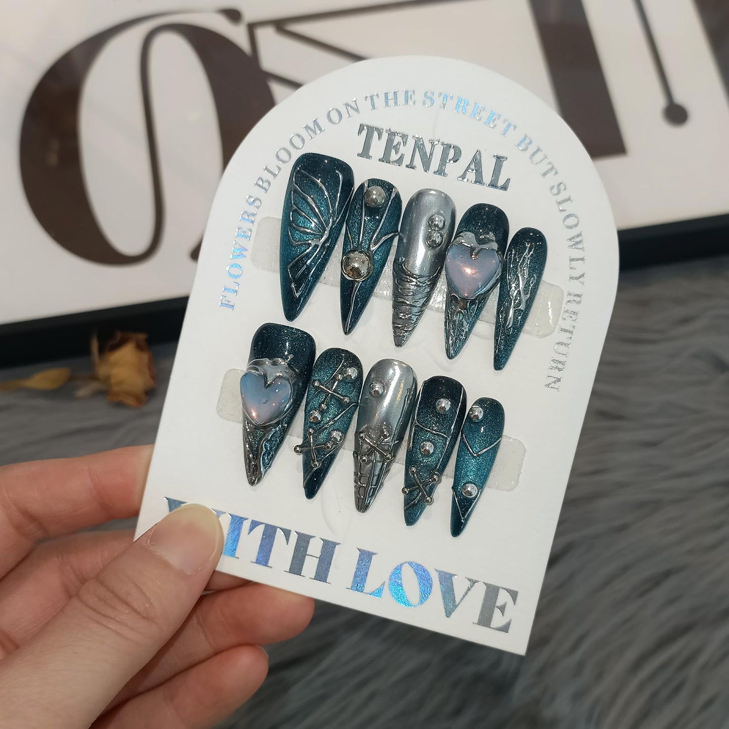 TENPAL Handmade Press on Nails Long Stiletto,Galaxy Ombre Blue-Black Fake Nails with 3D Butterflies Cross Beads Gem Stones,Edgy Y2K Metal Embossed Meteor Glitter Design Salon False Nail Kit 10pcs(M)