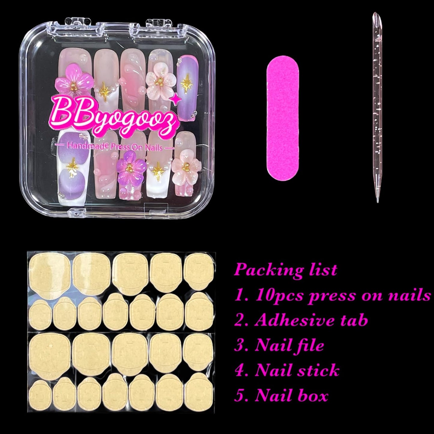 Handmade Press On Nails Medium/Long Square Pink 3D Sakura Design - Reusable French Acrylic Fake Nails with Gold Stars & Pearls, Luxury Cherry Blossom False Nails (Sakura, L)