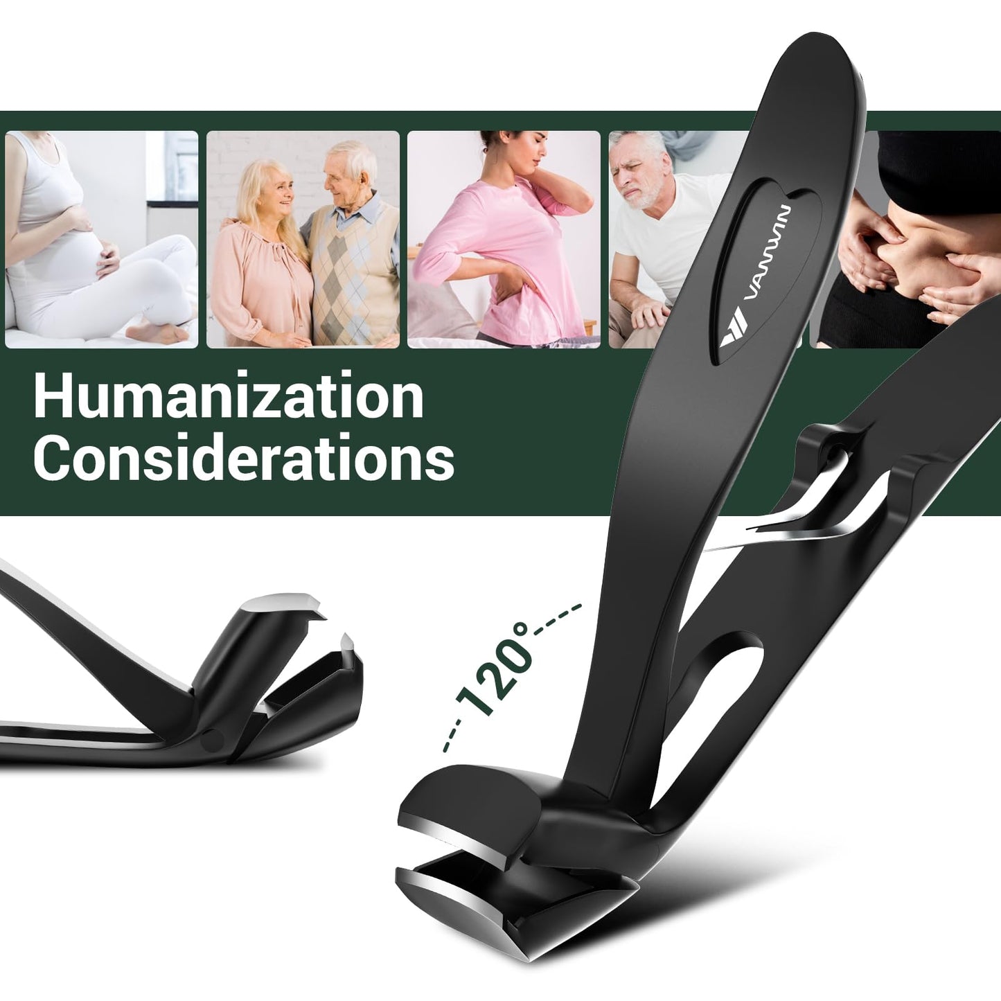 German Nail Clippers for Men, VANWIN Toenail Clippers for Thick Nails for Seniors with 16mm Wide Jaw, Ergonomic Heavy Duty Angled Head Toe Nail Clippers with Catcher Fingernail Clipper for Women Black