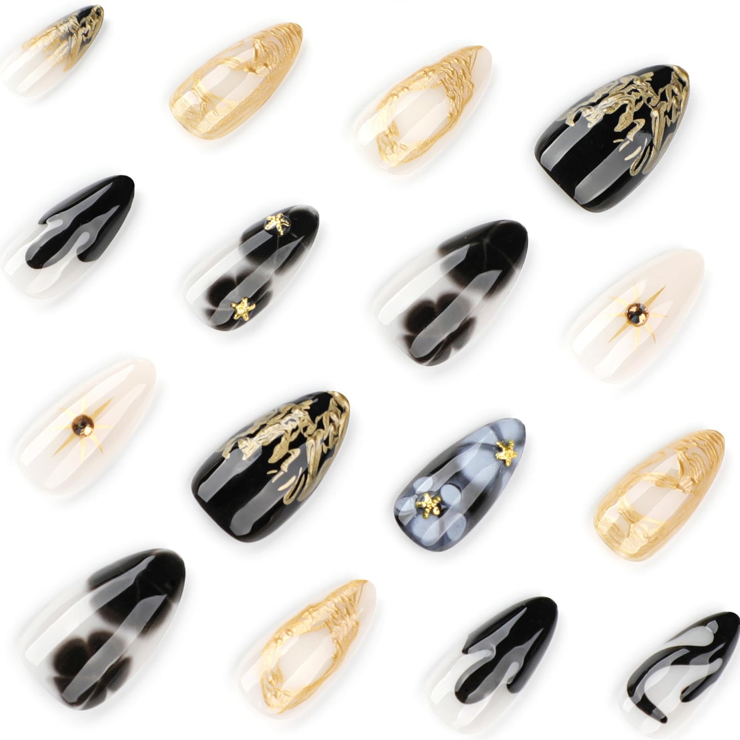 Medium Length Almond Press On Nails, 3D Gold French Tip & Stars Design, Coffin Shape Full Cover False Nails, Reusable Acrylic Glue On Nails for Women, DIY Manicure Kit
