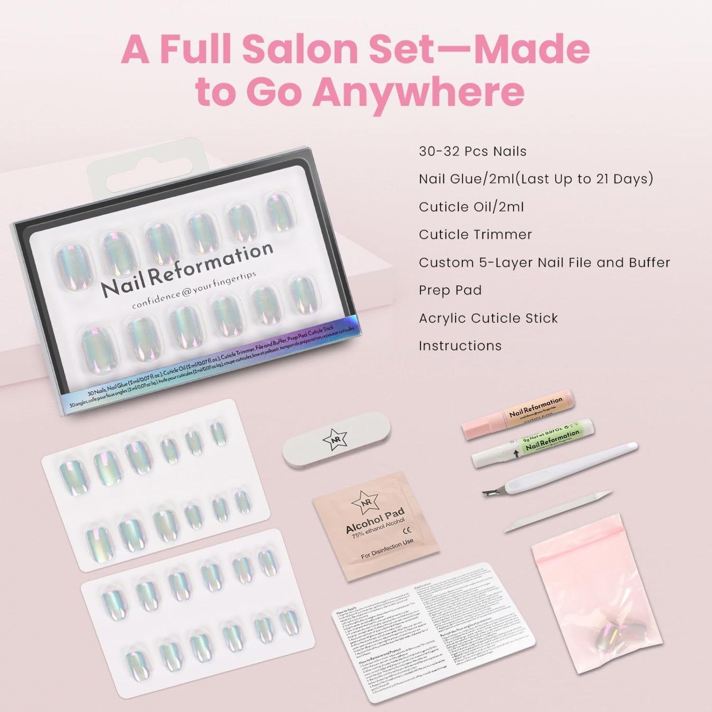 Nail Reformation Press On Nails, Hologlam | Glossy Aurora Cat Eye Velvet Short Square Fake Nails with Iridescent Glaze Finish, Reusable Stick On False Nails in 15 Sizes - 30 Nail Kit, Gifts for Women