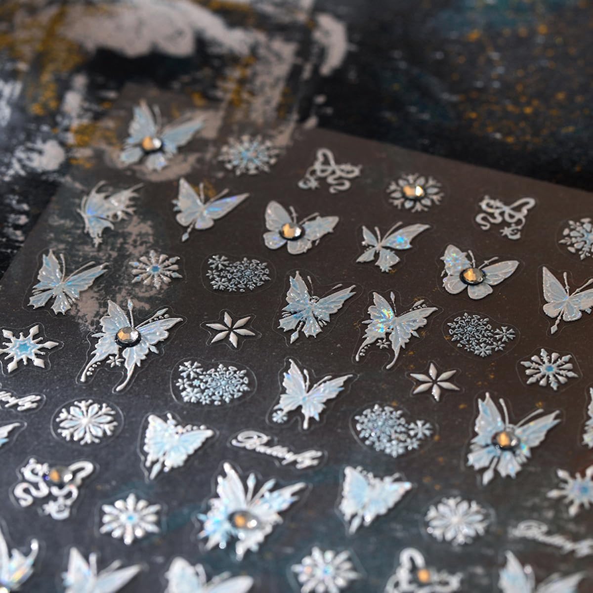 5D Embossed Butterfly Nail Stickers with Rhinestone Snowflake Nail Art Stickers Light Blue Nail Decals Cute Stickers for Nails Designs Adhesive Nail Art Supplies for Women Girls DIY Manicure 1 Sheets