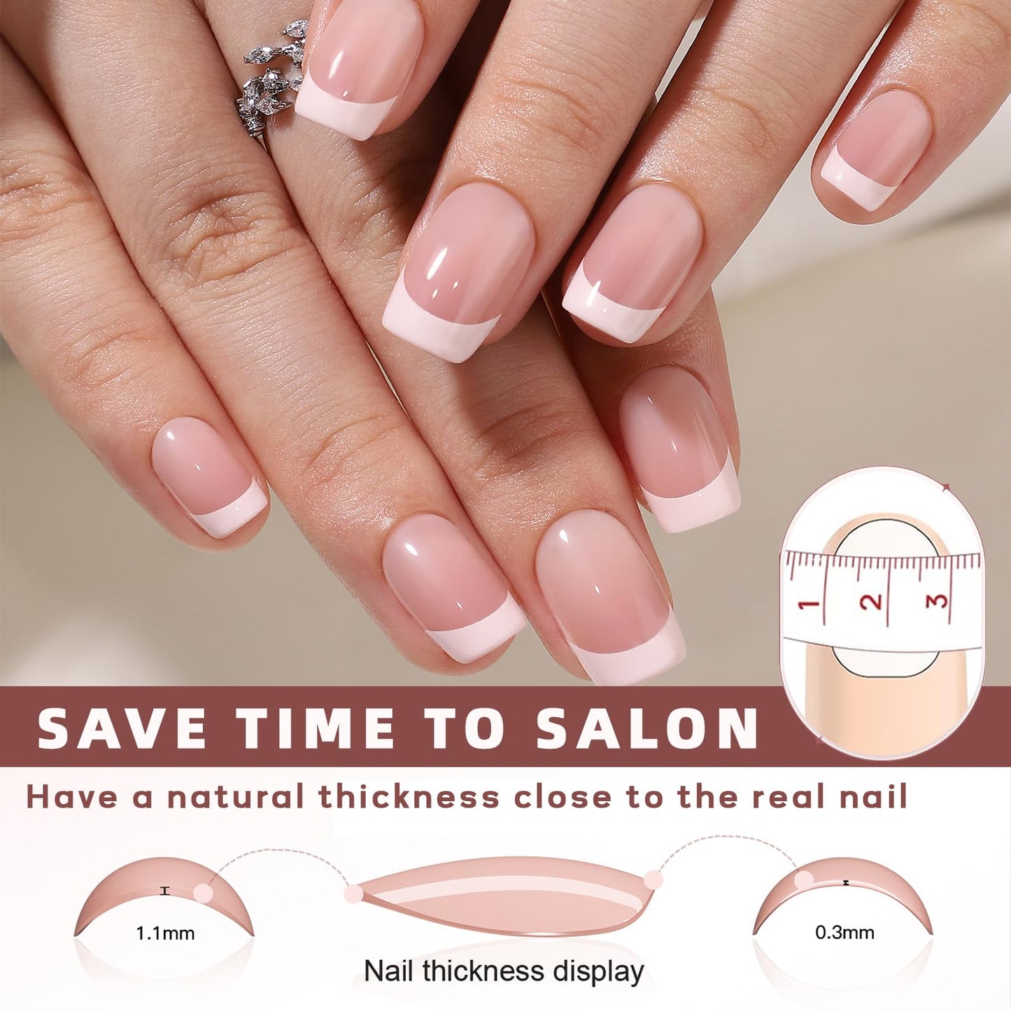 CUZIAM Soft Gel Press On Nails Short Square, 32pcs 16 Sizes Reusable Glossy French Tip Stick On Nails with Glue, Supremely Fit Seamless Natural Nude Easy Salon Gel Nail Art Manicure-Classic French