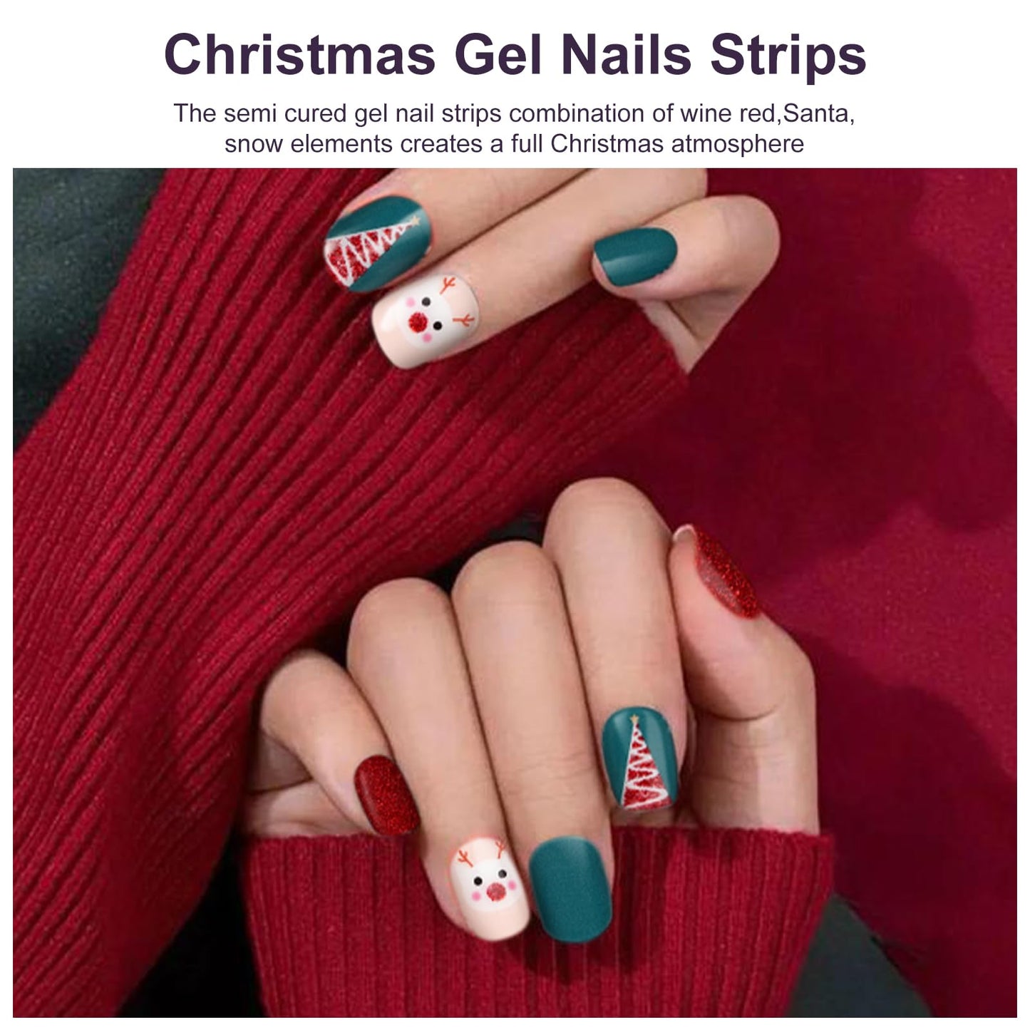 DUKASOU Semi Cured Gel Nail Strips,28 pcs Christmas Nail Stickers for Women,Long Lasting Gel Strips with Any UV Light,Red Green Christmas Sticker for Nails Easy to Apply