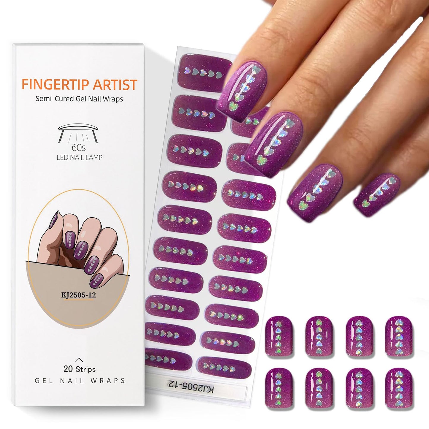 Semi Cured Gel Nail Strips with Heart/Love Designs Gel nail stickers Purple Glitter Nail strips stickers Salon Quality & Easy to Use 20 Pcs for Women